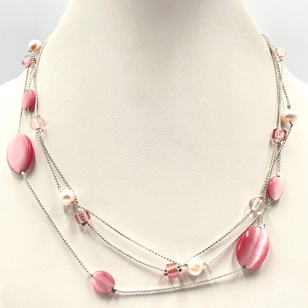 Vintage Y2K Pink Cats Eye Glass Pearl 3-Strand Layered Statement Necklace 18"